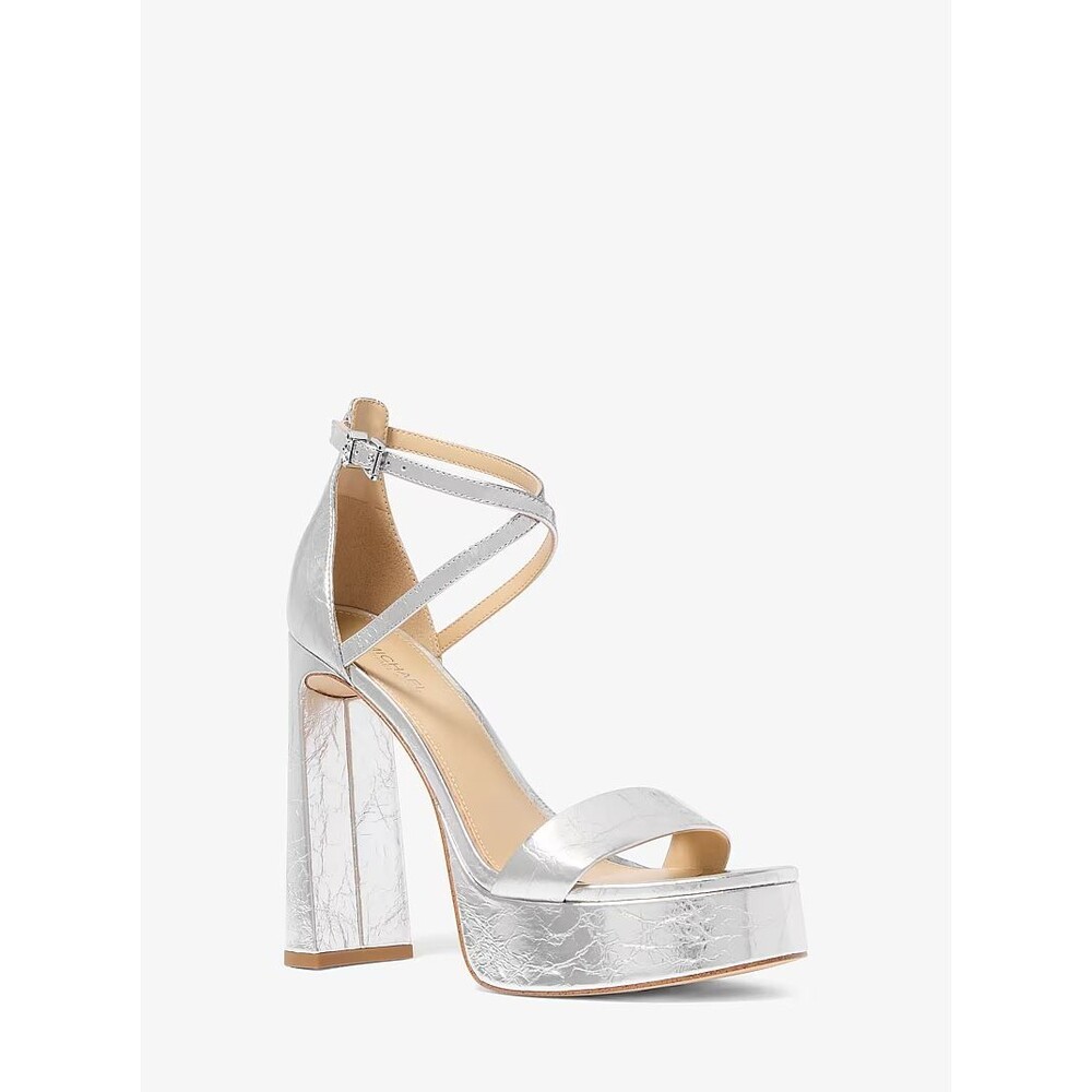 Michael Kors Cami Crackled Metallic Leather Platform Sandal Silver Heels 7.5 /38